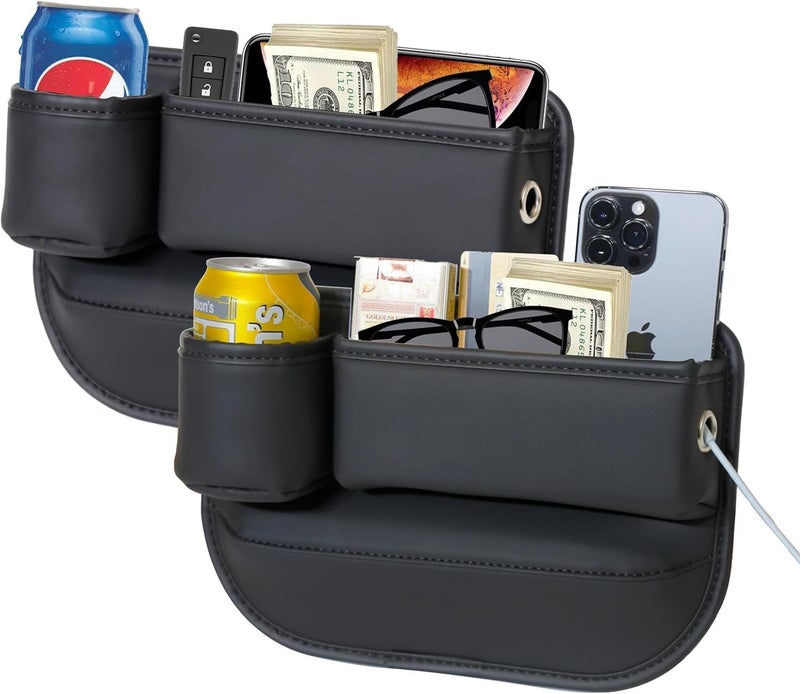 PLEW 2-Pack Black Obsidian Car Seat Gap Filler, Premium Leather Console Organizer Universal Fit for Car SUV Truck Multi-Purpose Essentials Organizer - Car Seat Gap Filler Organizer with Cup Holder - Image 1